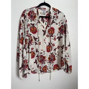 HM‎ Womens Floral Long Sleeve Tie Neck Blouse Off White Red P/N 0607667 7 Size 4